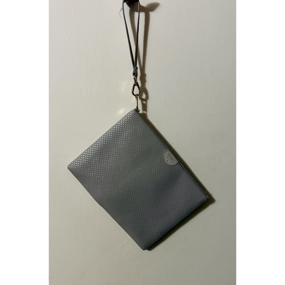 Fossil Large Wristlet Grey Leather Exterior Silver Polka Dots With Strap 7 In